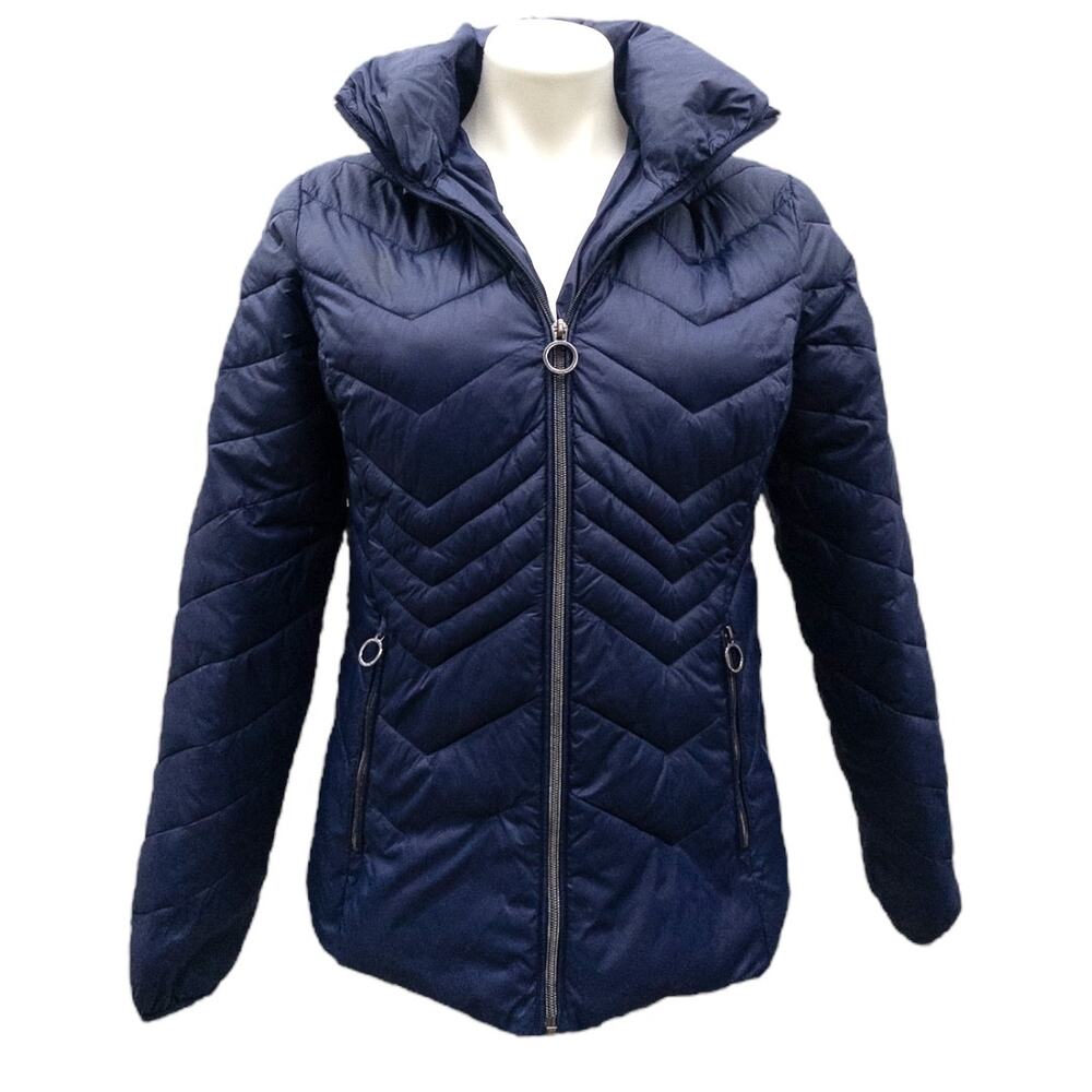 MICHAEL Michael Kors Packable Chevron Puffer Hooded Coat Women's S Navy Blue
